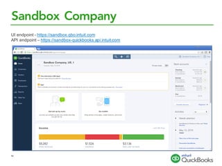 Sandbox Company
UI endpoint - https://sandbox.qbo.intuit.com
API endpoint – https://sandbox-quickbooks.api.intuit.com
14
 