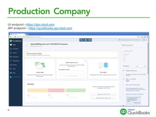 Production Company
UI endpoint - https://qbo.intuit.com
API endpoint – https://quickbooks.api.intuit.com
20
 