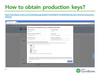 How to obtain production keys?
https://developer.intuit.com/v2/ui#/app/appdetail/b7rnab59sb/b7rnab59v8/production?anchor=production.
settings
23
 