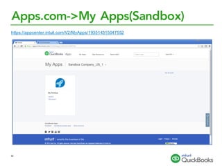 Apps.com->My Apps(Sandbox)
https://appcenter.intuit.com/V2/MyApps/193514315047552
32
 