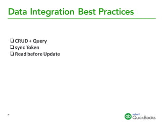 Data Integration Best Practices
36
❏CRUD	+	Query
❏sync	Token	
❏Read	before	Update
 