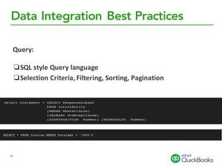 Data Integration Best Practices
37
Query:
❏SQL	style	Query	language	
❏Selection	Criteria,	Filtering,	Sorting,	Pagination
 