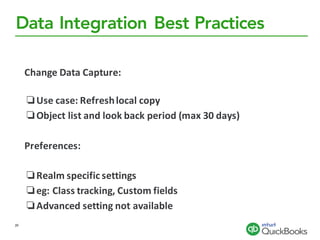 Data Integration Best Practices
39
Change	Data	Capture:
❏Use	case:	Refresh	local	copy
❏Object	list	and	look	back	period	(max	30	days)	
Preferences:
❏Realm	specific	settings
❏eg:	Class	tracking,	Custom	fields
❏Advanced	setting	not	available
 