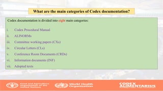 Codex documentation is divided into eight main categories:
i. Codex Procedural Manual
ii. ALINORMs
iii. Committee working papers (CXs)
iv. Circular Letters (CLs)
v. Conference Room Documents (CRDs)
vi. Information documents (INF)
vii. Adopted texts
What are the main categories of Codex documentation?
 