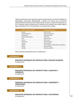 CÓD IGO DE PR ÁC T IC A S PA R A EL PESC ADO Y LOS PRODUC TOS PESQUEROS (C AC /RC P 52-20 03)




     Todos los productos de las siguientes especies pertenecientes a la familia Gadidae son
     desangrados, eviscerados, descabezados y abiertos de manera que se eliminen
     aproximadamente dos tercios de la espina dorsal, se lavan y se saturan totalmente con
     sal. El pescado salado utilizado para la producción de pescado seco salado debería
     haber alcanzado un 95 % de saturación con sal antes de su secado.


               Denominación en español                            Denominación en latín
               Bacalao                                            Gadus morhua
               Bacalao del Pacíﬁco                                Gadus macrocephalus
               Bacalao polar                                      Boreogadus saida
               Bacalao de Groenlandia                             Gadus ogac
               Colín                                              Pollachius virens
               Maruca                                             Molva molva
               Maruca azul                                        Molva dypterygia
               Brosmio                                            Brosme brosme
               Egleﬁno                                            Gadus aegleﬁnus / Melanogrammus aegleﬁnus
               Brótola                                            Phycis blennoides
               Abadejo                                            Pollachius pollachius


     Otras secciones del Apéndice 6 aún en elaboración.


APÉNDICE 7

     REQUISITOS OPCIONALES DEL PRODUCTO FINAL: PESCADO AHUMADO
     En elaboración.


APÉNDICE 8

     REQUISITOS OPCIONALES DEL PRODUCTO FINAL: LANGOSTAS Y
     CANGREJOS
     En elaboración.


APÉNDICE 9

     REQUISITOS OPCIONALES DEL PRODUCTO FINAL: CAMARONES Y
     LANGOSTINOS
     En elaboración.


APÉNDICE 10

     REQUISITOS OPCIONALES DEL PRODUCTO FINAL: CEFALÓPODOS
     En elaboración.                                                                                                   161
 
