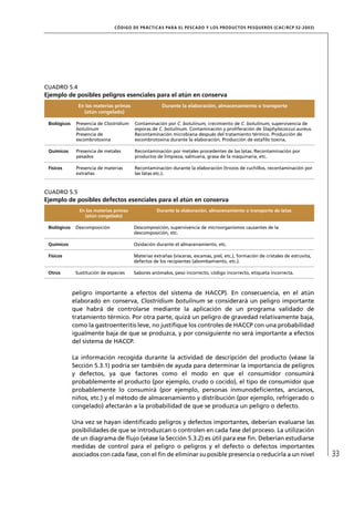 CÓD IGO DE PR ÁC T IC A S PA R A EL PESC ADO Y LOS PRODUC TOS PESQUEROS (C AC /RC P 52-20 03)




CUADRO 5.4
Ejemplo de posibles peligros esenciales para el atún en conserva
                En las materias primas                 Durante la elaboración, almacenamiento o transporte
                  (atún congelado)

 Biológicos    Presencia de Clostridium   Contaminación por C. botulinum, crecimiento de C. botulinum, supervivencia de
               botulinum                  esporas de C. botulinum. Contaminación y proliferación de Staphylococcus aureus.
               Presencia de               Recontaminación microbiana después del tratamiento térmico. Producción de
               escombrotoxina             escombrotoxina durante la elaboración. Producción de estaﬁlo toxina.

 Químicos      Presencia de metales       Recontaminación por metales procedentes de las latas. Recontaminación por
               pesados                    productos de limpieza, salmuera, grasa de la maquinaria, etc.

 Físicos       Presencia de materias      Recontaminación durante la elaboración (trozos de cuchillos, recontaminación por
               extrañas                   las latas etc.).



CUADRO 5.5
Ejemplo de posibles defectos esenciales para el atún en conserva
                En las materias primas               Durante la elaboración, almacenamiento o transporte de latas
                  (atún congelado)

 Biológicos    Descomposición             Descomposición, supervivencia de microorganismos causantes de la
                                          descomposición, etc.

 Químicos                                 Oxidación durante el almacenamiento, etc.

 Físicos                                  Materias extrañas (vísceras, escamas, piel, etc.), formación de cristales de estruvita,
                                          defectos de los recipientes (abombamiento, etc.).

 Otros         Sustitución de especies    Sabores anómalos, peso incorrecto, código incorrecto, etiqueta incorrecta.



              peligro importante a efectos del sistema de HACCP). En consecuencia, en el atún
              elaborado en conserva, Clostridium botulinum se considerará un peligro importante
              que habrá de controlarse mediante la aplicación de un programa validado de
              tratamiento térmico. Por otra parte, quizá un peligro de gravedad relativamente baja,
              como la gastroenteritis leve, no justiﬁque los controles de HACCP con una probabilidad
              igualmente baja de que se produzca, y por consiguiente no será importante a efectos
              del sistema de HACCP.

              La información recogida durante la actividad de descripción del producto (véase la
              Sección 5.3.1) podría ser también de ayuda para determinar la importancia de peligros
              y defectos, ya que factores como el modo en que el consumidor consumirá
              probablemente el producto (por ejemplo, crudo o cocido), el tipo de consumidor que
              probablemente lo consumirá (por ejemplo, personas inmunodeﬁcientes, ancianos,
              niños, etc.) y el método de almacenamiento y distribución (por ejemplo, refrigerado o
              congelado) afectarán a la probabilidad de que se produzca un peligro o defecto.

              Una vez se hayan identiﬁcado peligros y defectos importantes, deberían evaluarse las
              posibilidades de que se introduzcan o controlen en cada fase del proceso. La utilización
              de un diagrama de ﬂujo (véase la Sección 5.3.2) es útil para ese ﬁn. Deberían estudiarse
              medidas de control para el peligro o peligros y el defecto o defectos importantes
              asociados con cada fase, con el ﬁn de eliminar su posible presencia o reducirla a un nivel                            33
 