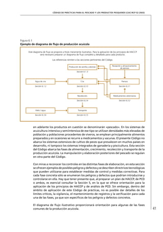 CÓD IGO DE PR ÁC T IC A S PA R A EL PESC ADO Y LOS PRODUC TOS PESQUEROS (C AC /RC P 52-20 03)




Figura 6.1
Ejemplo de diagrama de ﬂujo de producción acuícola

      Este diagrama de ﬂujo se propone a título meramente ilustrativo. Para la aplicación de los principios de HACCP
                 será necesario preparar un diagrama de ﬂujo completo y detallado para cada producto.

                              Las referencias remiten a las secciones pertinentes del Código.

                                                                                            Recepción y almacenamiento
                                               Producción de semilla y alevines
                                                                                                     de piensos
                                                        Sección 6.1.3



            Agua de cría                                    Cría                                         Piensos

            Sección 6.1.2                               Sección 6.3.3                                 Sección 6.3.1



                                                         Recolección                            Medicamentos veterinarios

                                                        Sección 6.3.4                                 Sección 6.3.2




            Hielo / agua                                 Transporte

            Sección 6.3.6                               Sección 6.3.5




          en adelante los productos en cuestión se denominarán «pescado». En los sistemas de
          acuicultura intensiva y semiintensiva de ese tipo se utilizan densidades más elevadas de
          población y poblaciones procedentes de viveros, se emplean principalmente alimentos
          preparados y en ocasiones se recurre a medicamentos y vacunas. El presente Código no
          abarca los sistemas extensivos de cultivo de peces que prevalecen en muchos países en
          desarrollo, ni tampoco los sistemas integrados de ganadería y piscicultura. Esta sección
          del Código abarca las fases de alimentación, crecimiento, recolección y transporte de la
          producción acuícola. La manipulación y elaboración posteriores del pescado se regulan
          en otra parte del Código.

          Con miras a reconocer los controles en las distintas fases de elaboración, en esta sección
          se ofrecen ejemplos de posibles peligros y defectos y se describen directrices tecnológicas
          que pueden utilizarse para establecer medidas de control y medidas correctivas. Para
          cada fase concreta sólo se enumeran los peligros y defectos que podrían introducirse y
          controlarse en ella. Hay que tener presente que, al preparar un plan de HACCP, de PCD
          o ambos, es esencial consultar la Sección 5, en la que se ofrece orientación para la
          aplicación de los principios de HACCP y de análisis de PCD. Sin embargo, dentro del
          ámbito de aplicación de este Código de prácticas, no es posible dar detalles de los
          límites críticos, la vigilancia, el mantenimiento de registros y la veriﬁcación para cada
          una de las fases, ya que son especíﬁcos de los peligros y defectos concretos.

          El diagrama de ﬂujo ilustrativo proporcionará orientación para algunas de las fases
          comunes de la producción acuícola.                                                                                  41
 