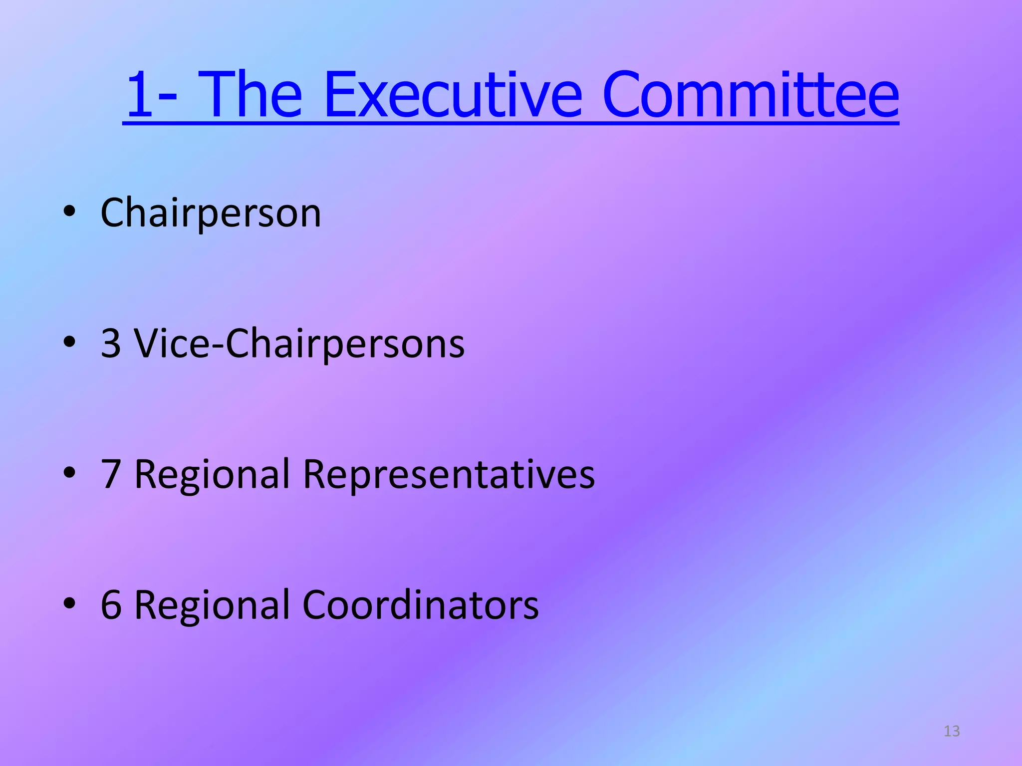 1- The Executive Committee
• Chairperson
• 3 Vice-Chairpersons
• 7 Regional Representatives
• 6 Regional Coordinators
13
 