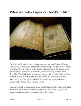 What is Codex Gigas or Devil's Bible?
The Codex Gigas is an interesting piece of medieval literary history.
The codex, or book, is a handwritten manuscript written on 624 pages
of vellum. It was created in the thirteenth century in the Benedictine
monastery of Podlazice in Bohemia, which is today in the Czech
Republic. The Codex Gigas contains a copy of the Latin Vulgate Bible,
texts of Jewish history by Flavius Josephus, a history of Bohemia,
medical texts, a liturgical calendar, incantations against demonic
forces, and various other literary works.
The codex itself is large, measuring about three feet by three feet when
open. The book weighs about 165 pounds. The Codex Gigas is the
largest existing medieval manuscript in the world.
Tony Mariot Codex Gigas Page of1 2
 