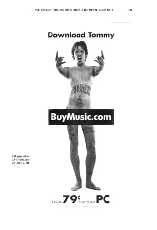 "EL DIABLO" SHOWS HIS HORNS-THE DEVIL RIDES OUT 1 4 1
Full page ad in
USA Today, July
22, 2003 p. 5D
 