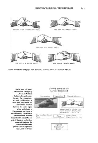 SECRET HANDSHAKES OF THE ILLUMINATI 1 6 1
Masonic handshakes and grips from Duncan s Masonic Ritual and Monitor, 3d Ed.)
Excerpt from the book,
Mormonism's Temple of
Doom, by William
Schnoebelen and James
Spencer. The two authors
are both ex-Mormons. In
their book, they show the
remarkable parallels
between the secret signs,
grips, and rituals of
Freemasonry and those of
the Mormon (LDS) Church.
Mormonism's founder,
Joseph Smith, was a Mason,
and all Masonic authorities
today acknowledge the
similarity of the two
groups' rituals, symbols,
signs, and doctrines.
 