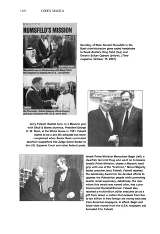 168 CODEX MAGICA
Secretary of State Donald Rumsfeld in the
Bush Administration gives coded handshake
to Saudi Arabia's King Fahd (top) and
Oman's Sultan Qaboos (below). (Time
magazine, October 15, 2001)
Jerry Falwell, Baptist hero, in a Masonic grip
with Skull & Bones alumnus, President George
H. W. Bush, at the White House in 1991. Falwell
claims to be a pro-life advocate but never
complained when Senior Bush nominated
abortion supporters like Judge David Souter to
the U.S. Supreme Court and other federal posts.
Israeli Prime Minister Menachem Begin (left) a
dwarfish terrorist thug who went on to become
Israel's Prime Minister, shares a Masonic hand
grip with one of the "brethren," Moral Majority
leader preacher Jerry Falwell. Falwell received
the Jabotinsky Award for his devoted efforts to
oppress the Palestinian people while promoting
Jewish racial supremacy. Jabotinsky, the man
whom this award was named after, was a pro-
Communist Socialist/Zionist. Falwell also
received a multimillion dollar executive jet as a
gift from Israel, a nation that receives from five
to ten billion in free foreign aid money each year
from American taxpayers. In effect, Begin and
Israel stole money from the U.S.A. taxpayers and
funneled it to Falwell.
 
