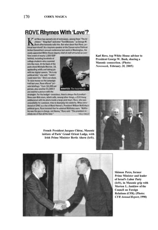 170 CODEX MAGICA
Karl Rove, top White House advisor to
President George W. Bush, sharing a
Masonic connection. (Photo:
Newsweek, February 20, 2005)
French President Jacques Chirac, Masonic
initiate of Paris' Grand Orient Lodge, with
Irish Prime Minister Bertie Ahern (left).
Shimon Peres, former
Prime Minister and leader
of Israel's Labor Party
(left), in Masonic grip with
Morton L. Janklow of the
Council on Foreign
Relations (CFR). (Photo:
CFR Annual Report, 1990)
 