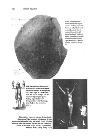 186 CODEX MAGICA
This illustration in Richardson's
Monitor of Freemasonry (1860)
shows the Master Mason giving
the "First Sign, or Due Guard"
with his hands upright "in the
manner of giving the grand
hailing sign of distress."
Compare this with the image
inscribed on the cave stone
above.
This goddess statuette was on display in the
chambers of Alex Sanders, well-known British
warlock (witch) as he led a witchcraft ritual. Witches
worship both the goddess and the horned, male god.
(Photo: Witchcraft, Magic and the Supernatural,
Octopus Books, Hong Kong, 1974)
 