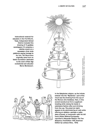 A SHOW OF HANDS 187
Instructional material for
educators in the Fort Worth,
Texas, Independent School
District included this
drawing of 13 goddess
worshippers (13 comprise a
witches coven) on a
succession of six circle
platforms paying homage to
the Sun. The illustration
originally came from an
Italian foundation dedicated
to the work of New Age
evolutionist and educator
Maria Montessori.
In the Babylonian religion, as the initiate
entered into the "Mysteries," part of the
ritual was the drinking from the cup of
the Woman (the Goddess). Here, in this
ancient woodcut we find a supplicant
kneeling while raising his hands in
submissive fashion after just drinking
from the cup. The priest (at right)
appears to be administering an oath while
offering an oblation—perhaps a wafer,
piece of bread, or honycomb—with his left
hand. (Kittos' Biblical Cyclopedia;
reprinted in Alexander Hislop's The Two
Babylons, First Edition 1916, American
Edition by Loi/eaux Bros., 1916)
 