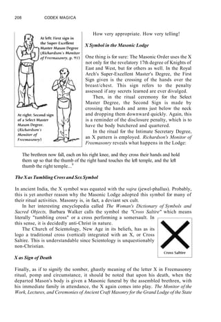 208 CODEX MAGICA
How very appropriate. How very telling!
X Symbol in the Masonic Lodge
One thing is for sure: The Masonic Order uses the X
not only for the revelatory 17th degree of Knights of
East and West, but for others as well. In the Royal
Arch's Super-Excellent Master's Degree, the First
Sign given is the crossing of the hands over the
breast/chest. This sign refers to the penalty
assessed if any secrets learned are ever divulged.
Then, in the ritual ceremony for the Select
Master Degree, the Second Sign is made by
crossing the hands and arms just below the neck
and dropping them downward quickly. Again, this
is a reminder of the disclosure penalty, which is to
have the body butchered and quartered.
In the ritual for the Intimate Secretary Degree,
an X pattern is employed. Richardson's Monitor of
Freemasonry reveals what happens in the Lodge:
The brethren now fall, each on his right knee, and they cross their hands and hold
them up so that the thumb of the right hand touches the left temple, and the left
thumb the right temple...9
The X as Tumbling Cross and Sex Symbol
In ancient India, the X symbol was equated with the vajra (jewel-phallus). Probably,
this is yet another reason why the Masonic Lodge adopted this symbol for many of
their ritual activities. Masonry is, in fact, a deviant sex cult.
In her interesting encyclopedia called The Woman's Dictionary of Symbols and
Sacred Objects, Barbara Walker calls the symbol the "Cross Saltire" which means
literally "tumbling cross" or a cross performing a somersault. In
this sense, it is decidedly anti-Christ in nature.
The Church of Scientology, New Age in its beliefs, has as its
logo a traditional cross (vertical) integrated with an X, or Cross
Saltire. This is understandable since Scientology is unquestionably
non-Christian.
X as Sign of Death
Finally, as if to signify the somber, ghastly meaning of the letter X in Freemasonry
ritual, pomp and circumstance, it should be noted that upon his death, when the
departed Mason's body is given a Masonic funeral by the assembled brethren, with
his immediate family in attendance, the X again comes into play. The Monitor of the
Work, Lectures, and Ceremonies of Ancient Craft Masonry for the Grand Lodge of the State
 