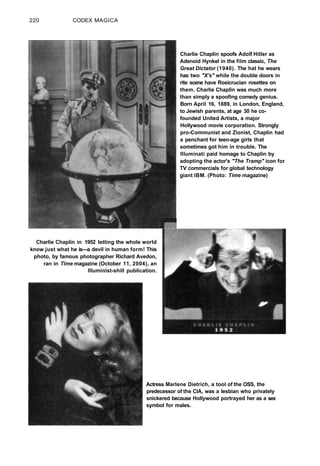 220 CODEX MAGICA
Actress Marlene Dietrich, a tool of the OSS, the
predecessor of the CIA, was a lesbian who privately
snickered because Hollywood portrayed her as a sex
symbol for males.
Charlie Chaplin in 1952 letting the whole world
know just what he is—a devil in human form! This
photo, by famous photographer Richard Avedon,
ran in Time magazine (October 11, 2004), an
Illuminist-shill publication.
Charlie Chaplin spoofs Adolf Hitler as
Adenoid Hynkel in the film classic, The
Great Dictator (1940). The hat he wears
has two "X's" while the double doors in
rite scene have Rosicrucian rosettes on
them. Charlie Chaplin was much more
than simply a spoofing comedy genius.
Born April 16, 1889, in London, England,
to Jewish parents, at age 30 he co-
founded United Artists, a major
Hollywood movie corporation. Strongly
pro-Communist and Zionist, Chaplin had
a penchant for teen-age girls that
sometimes got him in trouble. The
llluminati paid homage to Chaplin by
adopting the actor's "The Tramp" icon for
TV commercials for global technology
giant IBM. (Photo: Time magazine)
 
