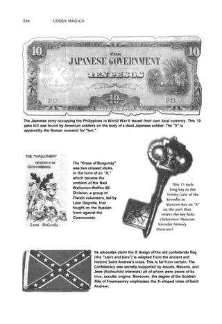 234 CODEX MAGICA
The Japanese army occupying the Philippines in World War II issued their own local currency. This 10
peso bill was found by American soldiers on the body of a dead Japanese soldier. The "X" is
apparently the Roman numeral for "ten."
The "Cross of Burgundy"
was two crossed sticks,
in the form of an "X,"
which became the
emblem of the Nazi
Wallonien Waffen SS
Division, a group of
French volunteers, led by
Leon Degrelle, that
fought on the Russian
front against the
Communists.
Its advocates claim the X design of the old confederate flag
(the "stars and bars") is adapted from the ancient and
historic Saint Andrew's cross. This is far from certain. The
Confederacy was secretly supported by Jesuits, Masons, and
Jews (Rothschild interests) all of whom were aware of its
true, occultic origins. Moreover, the degree of the Scottish
Rite of Freemasonry emphasizes the X- shaped cross of Saint
Andrew.
 