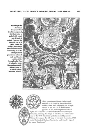 TRIANGLES UP, TRIANGLES DOWN, TRIANGLES, TRIANGLES ALL AROUND 3 3 5
According to An
Illustrated
Encyclopedia of
Traditional Symbols,
this illustration is
packed with occult
and alchemical
symbols. However, the
triangle is the focal
point. Inside the
triangle (the triangle
with concentric circles
surrounding it) is the
astrological and
generative symbols of
male and female
combined, the
Hermaphrodite. This
is indicative of the
Illuminati's principle
of integration, or
synthesis, of the
dialectical process.
 