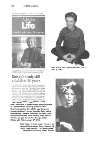 358 CODEX MAGICA
Actor Martin Short (People magazine, July 14,
1997, p. 148)
Alice Cohn Ginott, a Jewish woman who participated
in satanist Indiana University Professor Alfred
Kinsey's sex studies. Ginott Cohn says she gave an
interview to Kinsey's group. Hopefully, Cohn had no
idea of Kinsey's bisexual proclivities nor of his child
molestation activities. Quite possibly, Cohn doesn't
intentionally sign the feminine triangle, either.
(Photo: USA Today. January 27, 2003)
Right: Picture of Israeli singer, Yosefa, in the
pages of The Jerusalem Report (October 19,
1995). Yosefa's album, "The Desert Speaks,"
was released worldwide by EMI Records.
 