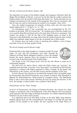 362 CODEX MAGICA
The Star of David and the Beast's Number, 666
The supremely evil nature of the double triangle, the hexagram, Solomon's Seal, the
Magen David (Shield of David), is proven by the fact that the symbol contains the
hidden number 666, the number of the beast (Revelation 13). Notice that there are six
triangles incorporated on the outside of the hexagram; that it has six out points, and
that six lines are used in constructing the symbol's two triangles. Thus, 6-6-6.
Also, the symbol incorporates six triangles of three sides each. Six times three
equals eighteen (6 X 3 = 18 and 6 + 6 + 6 = 18).
An outstanding study of the six-pointed star was accomplished by Dr. O.J.
Graham in the book, THE Six-Pointed Star.1
Dr. Graham proves that this symbol was
never used by King David of Israel and so the name Star of David is a misnomer. The
symbol was chosen in 1947 for the flag of the fledgling nation of Israel at the
insistence of the Rothschilds. Its usage stems from the medieval period when corrupt
rabbis into cabalistic magic began to use the six-pointed star in their rituals.
Dr. Graham does not mince words in declaring this emblem a tool of Satan,
unworthy of use by the holy people of God.
The Occult Triangle and the Masonic Lodge
Returning back to the single triangle as a common symbol of occult
usage, we note that the Freemasons were able, through the
influence of Grand Master Benjamin Franklin, to have the triangle
became the sun-lit capstone above the pyramid on the obverse
(reverse) side of the Great Seal of the United States.
The design of the 33rd degree jewel worn by the elite Mason is made up of
interlocking triangles.
The Real Grip of a Master Mason, which the Order claims can "resurrect" the
candidate and cause him, in essence, to be "born again" (a counterfeit of the Christian
experience) is formed with fingers separated to form a triangle. In the photos and
illustrations in this section, you will find several real-life examples of this grip.
In Coil's Masonic Encyclopedia we are told of the triangular chain, the legend taught
by Freemasonry that Jewish Freemasons were carried as captives from Jerusalem to
Babylon by Nebuchadnezzar, being bound by triangular chains. The Babylonian
King is said to have been gravely insulting the Jews by doing this because, to the
Jews, the triangle, or delta symbol, was a symbol of their Deity.2
King Solomon and the Triple Triangle
In the 6° of Freemasonry, the Degree of Intimate Secretary, the concept of a triple
triangle is introduced, said to be emblematic of the three Masons who were present
at the opening of the first Lodge of Intimate Secretaries. It is further claimed that King
Solomon was one of those three present.
It is significant that in the first Book of Kings in the Holy Bible, King Solomon
rebelled against God and His commandments and began to worship the god and
goddess of the heathen in his temple. He also required of the High Priests of
 