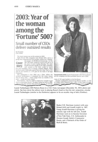 400 CODEX MAGICA
Lucent Technologies CEO Patricia Russo in a USA Today newspaper (December 30, 2001) photo and
article. See how clever the editors were in placing Russo's head so that the red, serpentine, circular
Lucent Technologies (similar to the Oroboros) appears to be an occultic ring or halo (Nimbus).
Banker E.H. Harriman (center) with sons
Roland (left) and Averell (right) in 1907.
Young Averell Harriman is giving the
masonic sign with his left arm. Averell
Harriman went on to become Governor
of New York State, U.S. Ambassador to
Dictator Joseph Stalin's Communist
Russia, and a Patriarch of the Order of
Skull & Bones.
 