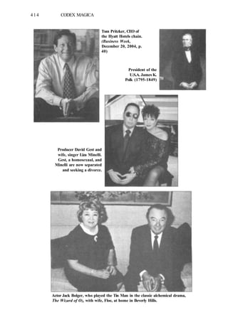 414 CODEX MAGICA
Tom Pritzker, CEO of
the Hyatt Hotels chain.
(Business Week,
December 20, 2004, p.
40)
President of the
U.S.A. James K.
Polk (1795-1849)
Producer David Gest and
wife, singer Liza Minelli.
Gest, a homosexual, and
Minelli are now separated
and seeking a divorce.
Actor Jack Bolger, who played the Tin Man in the classic alchemical drama,
The Wizard of Oz, with wife, Floe, at home in Beverly Hills.
 