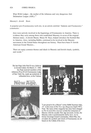 424 CODEX MAGICA
B'nai B'rith Lodges —the mother of the infamous and very dangerous Anti
Defamation League (ADL).12
Masonry's Jewish Roots
A popular pro-Freemasonry web site, in an article entitled "Judaism and Freemasonry,"
comments:
Jews were actively involved in the beginnings of Freemasonry in America. There is
evidence they were among those who established Masonry in seven of the original
thirteen states...A Jewish Mason, Moses M. Hays, helped introduce the Scottish Rite
in America...Jews, including Rabbis, continued to be involved in the Masonic
movement in the United States throughout our history. There have been 51 Jewish
American Grand Masters...
There are many common themes and ideals in Masonic and Jewish rituals, symbols,
and words.13
The late Pope John Paul II was a believer
in Jewish Cabala. On March 22, 1984,
the Pope received members of the
infamous B'nai B'rith Freemasonry Lodge
of New York City, made up exclusively of
influential Jews, at the Vatican.
"I am proud to be a Mason" writes Rabbi Seymour Adas,
32o
, in this issue of The New Age Magazine (April 1987).
Note: The name of this magazine has since been changed
to The Scottish Rite Journal, to hide the connection of
Masons with the occultic New Age movment. In fact, the
Masonic order is predominantly led by Jews. As its
former Sovereign Grand Commander, Albert Pike, has
revealed, the symbols and rituals of Freemasonry are all
based on the Cabala of the Jews.
 