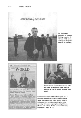 4 3 8 CODEX MAGICA
This album was
advertised in Christian
Retailing magazine in
February 2002, but me
handsign of the person
seems to be cabalistic.
Horror fiction novelist Stephen King with
his hands in exactly the same, familiar
position as that of Senator Schumer (right
page).
Israel's Prime Minister Ehud Barak (left), U.S.A.
President Bill Clinton (center), and PLO Chief
Yasser Arafat each look down at their hands to
make sure they get their masonic grips done
correctly. Notice overlapping hands by Clinton.
(Photo and article: Austin American-Statesman,
November 3, 1999, p. A2)
 