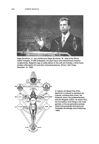 446 CODEX MAGICA
Edgar Bronfman, Jr., son of billionaire Edgar Bronfman, Sr., head of the World
Jewish Congress, is CEO of Seagram, the giant liquor and entertainment industry
conglomerate. Seagram's logo is subtly placed on the wall and includes a white horse
(shades of Revelation 6?) and other interesting features. (Photo: USA Today,
December 14, 1998)
In Cabala, the Sacred Tree of the
Sephiroth is claimed to represent the
Cosmos, including God (male), his
Shekinah (Anna, the goddess/female),
and the Kingdom of Zion. As shown here,
the Foundation of all things is the male
genitals, or the sex generative process.
(Zolar's Encyclopedia of Ancient and
Forbidden Knowledge, Arco Publishing,
1984)
 