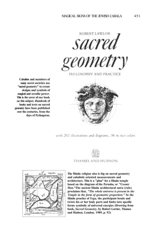 MAGICAL SIGNS OF THE JEWISH CABALA 451
Cabalists and members of
many secret societies use
"sacred geometry" to create
designs and symbols of
magical and occultic power.
This is the cover of one book
on this subject. Hundreds of
books and texts on sacred
geometry have been published
over the centuries, from the
days of Pythagoras.
The Hindu religion also is big on sacred geometry
and cabalistic oriented measurements and
architecture. This is a "plan" for a Hindu temple
based on the diagram of the Perusha, or "Cosmic
Man."The ancient Hindu architectural sutra (rule)
proclaims that, "The whole universe is present in the
Temple in the form of geometric proportion." In the
Hindu practice of Yoga, the participant bends and
twists his or her body parts and limbs into specific
forms symbolic of universal energies (Drawing from
book, Sacred Geometry, by Robert Lawlor, Thames
and Hudsen, London, 1989, p. 92)
 