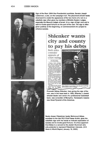 454 CODEX MAGICA
Sign of the Ram: 2004 Vice Presidential candidate, Senator Joseph
Liebennan, a Jew, on the campaign trail. The placement of both hands
downward to create the appearance of the two horns of a ram is a
cabalistic sign often given by members of Middle Eastern Lodges,
especially the Masonic lodges of Israel. It is a sign of high rank and is
said to invoke good fortune on the part of the user. The sign is often
given publicly at the beginning, or commencement of a project to
enhance success.
Promoter Sidney Shlenker, here giving the sign of the
ram, was in the news back in 1992, Shlenker, a Jewish
wheeler-dealer and owner of a professional basketball
team, was co-builder of Memphis, Tennessee's massive
new Great Pyramid of the Americas.
Newly chosen Palestinian leader Mahmoud Abbas,
successor to the late PLO Chief Yasser Arafat, gives the
cabalistic sign with his hands to indicate expectation of
success and to invoke good fortune. It is thus apparent
that Abbas is a servant to the Jewish Illuminati who
only pretends to represent Palestinian interests. (U.S.
News & World Report, January 10, 2005)
 