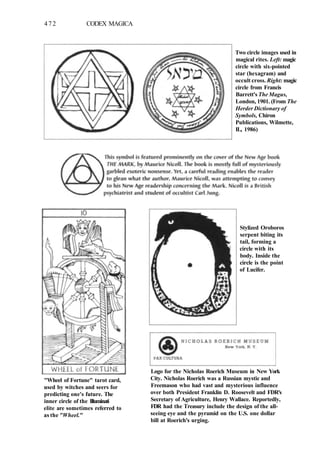 472 CODEX MAGICA
Two circle images used in
magical rites. Left: magic
circle with six-pointed
star (hexagram) and
occult cross. Right: magic
circle from Francis
Barrett's The Magus,
London, 1901. (From The
Herder Dictionary of
Symbols, Chiron
Publications, Wilmette,
IL, 1986)
"Wheel of Fortune" tarot card,
used by witches and seers for
predicting one's future. The
inner circle of the Illuminati
elite are sometimes referred to
as the "Wheel."
Stylized Oroboros
serpent biting its
tail, forming a
circle with its
body. Inside the
circle is the point
of Lucifer.
Logo for the Nicholas Roerich Museum in New York
City. Nicholas Roerich was a Russian mystic and
Freemason who had vast and mysterious influence
over both President Franklin D. Roosevelt and FDR's
Secretary of Agriculture, Henry Wallace. Reportedly,
FDR had the Treasury include the design of the all-
seeing eye and the pyramid on the U.S. one dollar
bill at Roerich's urging.
 