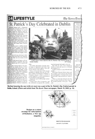 SCORCHED BY THE SUN 473
This float honoring the sun (with six rays) was a part of the St. Patrick's Day Festival parade in
Dublin, Ireland. (Photo and article from The Korea Times newspaper, March 19, 2002, p. 14)
Designs on a return
envelope for subscriptions
of Meditation, a New Age
magazine.
 