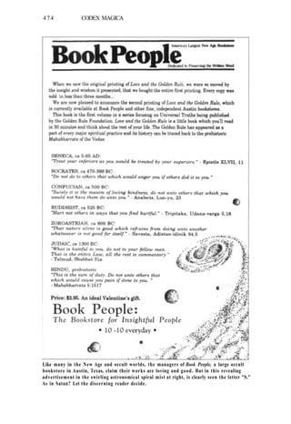 474 CODEX MAGICA
Like many in the New Age and occult worlds, the managers of Book People, a large occult
bookstore in Austin, Texas, claim their works are loving and good. But in this revealing
advertisement in the swirling astronomical spiral mist at right, is clearly seen the letter "S."
As in Satan? Let the discerning reader decide.
 