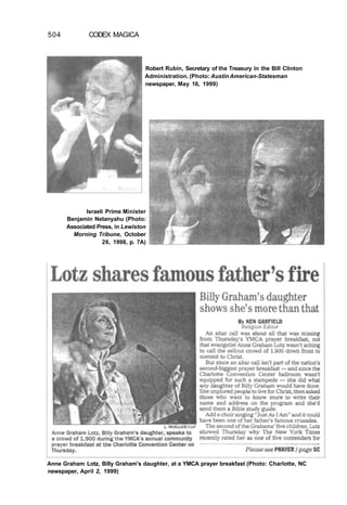 504 CODEX MAGICA
Israeli Prime Minister
Benjamin Netanyahu (Photo:
Associated Press, in Lewiston
Morning Tribune, October
26, 1998, p. 7A)
Robert Rubin, Secretary of the Treasury in the Bill Clinton
Administration. (Photo: Austin American-Statesman
newspaper, May 16, 1999)
Anne Graham Lotz, Billy Graham's daughter, at a YMCA prayer breakfast (Photo: Charlotte, NC
newspaper, April 2, 1999)
 