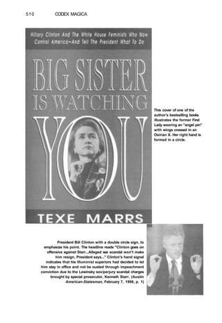 510 CODEX MAGICA
President Bill Clinton with a double circle sign, to
emphasize his point. The headline reads "Clinton goes on
offensive against Starr...Alleged sex scandal won't make
him resign, President says..." Clinton's hand signal
indicates that his Illuminist superiors had decided to let
him stay in office and not be ousted through impeachment
conviction due to the Lewinsky sex/perjury scandal charges
brought by special prosecutor, Kenneth Starr. (Austin
American-Statesman, February 7, 1998, p. 1)
This cover of one of the
author's bestselling books
illustrates the former First
Lady wearing an "angel pin"
with wings crossed in an
Osirian X. Her right hand is
formed in a circle.
 