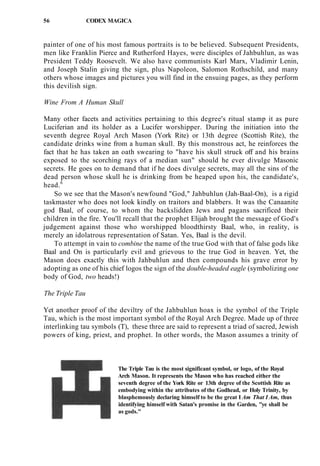 56 CODEX MAGICA
painter of one of his most famous portraits is to be believed. Subsequent Presidents,
men like Franklin Pierce and Rutherford Hayes, were disciples of Jahbuhlun, as was
President Teddy Roosevelt. We also have communists Karl Marx, Vladimir Lenin,
and Joseph Stalin giving the sign, plus Napoleon, Salomon Rothschild, and many
others whose images and pictures you will find in the ensuing pages, as they perform
this devilish sign.
Wine From A Human Skull
Many other facets and activities pertaining to this degree's ritual stamp it as pure
Luciferian and its holder as a Lucifer worshipper. During the initiation into the
seventh degree Royal Arch Mason (York Rite) or 13th degree (Scottish Rite), the
candidate drinks wine from a human skull. By this monstrous act, he reinforces the
fact that he has taken an oath swearing to "have his skull struck off and his brains
exposed to the scorching rays of a median sun" should he ever divulge Masonic
secrets. He goes on to demand that if he does divulge secrets, may all the sins of the
dead person whose skull he is drinking from be heaped upon his, the candidate's,
head.6
So we see that the Mason's newfound "God," Jahbuhlun (Jah-Baal-On), is a rigid
taskmaster who does not look kindly on traitors and blabbers. It was the Canaanite
god Baal, of course, to whom the backslidden Jews and pagans sacrificed their
children in the fire. You'll recall that the prophet Elijah brought the message of God's
judgement against those who worshipped bloodthirsty Baal, who, in reality, is
merely an idolatrous representation of Satan. Yes, Baal is the devil.
To attempt in vain to combine the name of the true God with that of false gods like
Baal and On is particularly evil and grievous to the true God in heaven. Yet, the
Mason does exactly this with Jahbuhlun and then compounds his grave error by
adopting as one of his chief logos the sign of the double-headed eagle (symbolizing one
body of God, two heads!)
The Triple Tau
Yet another proof of the deviltry of the Jahbuhlun hoax is the symbol of the Triple
Tau, which is the most important symbol of the Royal Arch Degree. Made up of three
interlinking tau symbols (T), these three are said to represent a triad of sacred, Jewish
powers of king, priest, and prophet. In other words, the Mason assumes a trinity of
The Triple Tau is the most significant symbol, or logo, of the Royal
Arch Mason. It represents the Mason who has reached either the
seventh degree of the York Rite or 13th degree of the Scottish Rite as
embodying within the attributes of the Godhead, or Holy Trinity, by
blasphemously declaring himself to be the great I Am That I Am, thus
identifying himself with Satan's promise in the Garden, "ye shall be
as gods."
 
