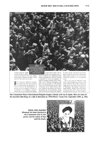 BLOOD RED - RED STARS, CLENCHED FISTS 5 7 5
The Communist Party's International Brigades fought a bloody civil war in Spain. Here are some of
the merciless Red thugs at a rally in Barcelona in 1938 (Photo: Vanity Fair, September 2001, p. 302)
Islamic cleric Ayatollah
Khomeni, his hand clenched in
the Communist style in this
poster, led the nation of Iran
until his death.
 