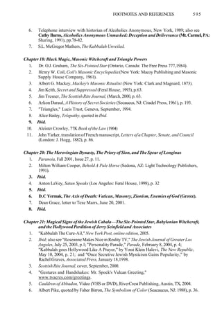 FOOTNOTES AND REFERENCES 595
6. Telephone interview with historian of Alcoholics Anonymous, New York, 1989; also see
Cathy Burns, Alcoholics Anonymous Unmasked: Deception and Deliverance (Mt. Carmel, PA:
Sharing, 1991), pp.78-82.
7. S.L. McGregor Mathers, The Kabbalah Unveiled.
Chapter 18: Black Magic, Masonic Witchcraft and Triangle Powers
1. Dr. O.J. Graham, The Six-Pointed Star (Ontario, Canada: The Free Press 777,1984).
2. Henry W. Coil, Coil's Masonic Encyclopedia (New York: Macoy Publishing and Masonic
Supply House Company, 1961).
3. Albert G. Mackey, Mackey's Masonic Ritualist (New York: Clark and Magnard, 1873).
4. Jim Keith, Secret and Suppressed (Feral House, 1993), p.63.
5. Jim Tresner, The Scottish Rite Journal, (March, 2000, p. 63.
6. Arkon Daraul, A History of Secret Societies (Secaucus, NJ: Citadel Press, 1961), p. 193.
7. "Triangles," Lucis Trust, Geneva, September, 1994.
8. Alice Bailey, Telepathy, quoted in Ibid.
9. Ibid.
10. Aleister Crowley, 77K Book of the Law (1904)
11. John Yarker, translation of French manuscript, Letters of a Chapter, Senate, and Council
(London: J. Hogg, 1882), p. 86.
Chapter 20: The Merovingian Dynasty, The Priory of Sion, and The Spear of Longinus
1. Paranoia, Fall 2001, Issue 27, p. 11.
2. Milton William Cooper, Behold A Pale Horse (Sedona, AZ: Light Technology Publishers,
1991).
3. Ibid.
4. Anton LaVey, Satan Speaks (Los Angeles: Feral House, 1998), p. 32
5. Ibid.
6. D.C Yermak, The Axis of Death: Vatican, Masonry, Zionism, Enemies of God (Greece).
7. Dean Grace, letter to Texe Marrs, June 20, 2001.
8. Ibid.
Chapter 21: Magical Signs of the Jewish Cabala—The Six-Pointed Star, Babylonian Witchcraft,
and the Hollywood Perdition of Jerry Seinfield and Associates
1. "Kabbalah The Cure-Ail," New York Post, online edition, 2005.
2. Ibid; also see "Roseanne Makes Nice in Reality TV," The Jewish Journal of Greater Los
Angeles, July 25, 2003, p.l; "Personality Parade," Parade, February 8, 2004, p. 4;
"Kabbalah goes Hollywood Like A Prayer," by Yossi Klein Halevi, The New Republic,
May 10, 2004, p. 21; and "Once Secretive Jewish Mysticism Gains Popularity," by
Rachel Graves, Associated Press, January 18,1998.
3. Scottish Rite Journal, cover, September, 2000.
4. "Gestures and Handshakes: Mr. Spock's Vulcan Greeting,"
www.tvacres.com/greetings.
5. Cauldron of Abbadon, Video (VHS or DVD), RiverCrest Publishing, Austin, TX, 2004.
6. Albert Pike, quoted by Faber Birron, The Symbolism of Color (Seacaucus, NJ: 1988), p. 36.
 
