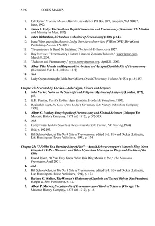 596 CODEX MAGICA
7. Ed Decker, Free the Masons Ministry, newsletter, PO Box 1077, Issaquah, WA 98027,
June, 1992.
8. James L. Holly, The Southern Baptist Convention and Freemasonry (Beaumont, TX: Mission
and Ministry to Men, 1992)
9. Jabez Richardson, Richardson's Monitor of Freemasonry (1860), p. 143.
10. Isaac Wise, quoted in Masonic Lodge Over Jerusalem video (VHS or DVD), RiverCrest
Publishing, Austin, TX, 2004.
11. "Freemasonry Is Based On Judaism," The Jewish Tribune, circa 1927.
12. Ray Novosel, "Freemasonry Historic Links to Zionism/Judaism," www.rense.com,
March 8, 2004.
13. "Judaism and Freemasonry," www.harrystruman.org, April 21, 2003.
14. Albert Pike, Morals and Dogma of the Ancient and Accepted Scottish Rite of Freemasonry
(Richmond, VA: L.H. Jenkins, 1871).
15. Ibid.
16. Lady Queensborough (Edith Starr Miller), Occult Theocracy, Volume I (1933), p. 184-187.
Chapter 22: Scorched By The Sun—Solar Signs, Circles, and Serpents
1. John Yarker, Notes on the Scientific and Religious Mysteries of Antiquity (London, 1872),
p.8.
2. G.H. Pember, Earth's Earliest Ages (London: Hodder & Stoughton, 1907).
3. Reginald Haupt, Jr., Gods of the Lodge ( Savannah, GA: Victory Publishing Company,
1990).
4. Albert G. Mackey, Encyclopedia of Freemasonry and Kindred Sciences (Chicago: The
Masonic History Company, 1873 and 1912), p. 572-573.
5. Ibid.
6. Cathy Burns, Hidden Secrets of the Eastern Star (Mt. Carmel, PA: Sharing, 1994).
7. Ibid; p. 192-193.
8. Bill Schnoebelen, in The Dark Side of Freemasonry, edited by J. Edward Decker (Lafayette,
LA: Huntington House Publishers, 1994), p. 174.
Chapter 23: "I Fell In To a Burning Ring of Fire"—Arnold Schwarzenegger's Masonic Ring, Newt
Gingrich's T-Rex Dinosaur, and Other Mysterious Messages on Rings and Neckties of the
Elite
1. David Roach, "If You Only Knew What This Ring Means to Me," The Louisiana
Freemason, April 2001.
2. Ibid.
3. Bill Schnoebelen, in The Dark Side of Freemasonry, edited by J. Edward Decker (Lafayette,
LA: Huntington House Publishers, 1994), p. 173.
4. Barbara G. Walker, The Woman's Dictionary of Symbols and Sacred Objects (San Francisco:
Harper & Row Publishers), p. 12.
5. Albert P. Mackey, Encyclopedia of Freemasonry and Kindred Sciences (Chicago: The
Masonic History Company, 1873 and 1912), p. 12.
 