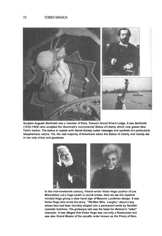 72 CODEX MAGICA
Sculptor Auguste Bertholdi was a member of Paris, France's Grand Orient Lodge. It was Bertholdi
(1834-1904) who sculpted the Illuminati's monumental Statue of Liberty which now graces New
York's harbor. The statue is replete with Secret Society coded messages and symbols of a particularly
blasphemous nature. Yet, the vast majority of Americans adore the Statue of Liberty and naively see
in her only virtue and goodness.
In the mid-nineteenth century, French writer Victor Hugo (author of Les
Miserables) cut a huge swath in occult circles. Here we see the mystical
minded Hugo giving a clear hand sign of Masonic Luciferian design. It was
Victor Hugo who wrote the story, "The Man Who Laughs," about a boy
whose face had been horribly shaped into a permanent smile by fiendish
cosmetic butchers. The grotesque tale was the basis for Batman's "Joker"
character. It was alleged that Victor Hugo was not only a Rosicrucian but
was also Grand Master of the occultic order known as the Priory of Sion.
 