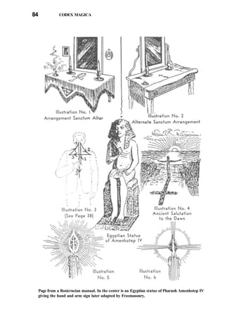 84 CODEX MAGICA
Page from a Rosicrucian manual. In the center is an Egyptian statue of Pharaoh Amenhotep IV
giving the hand and arm sign later adapted by Freemasonry.
 