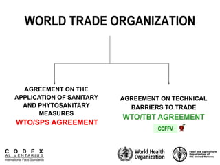 C O D E X
A L I M E N T A R I U S
International Food Standards
WORLD TRADE ORGANIZATION
AGREEMENT ON THE
APPLICATION OF SANITARY
AND PHYTOSANITARY
MEASURES
WTO/SPS AGREEMENT
AGREEMENT ON TECHNICAL
BARRIERS TO TRADE
WTO/TBT AGREEMENT
CCFFV
 