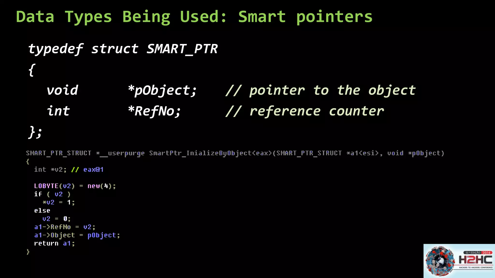 Data Types Being Used: Smart pointers 
typedefstructSMART_PTR 
{ 
void *pObject;// pointer to the object 
int*RefNo;// reference counter 
};  