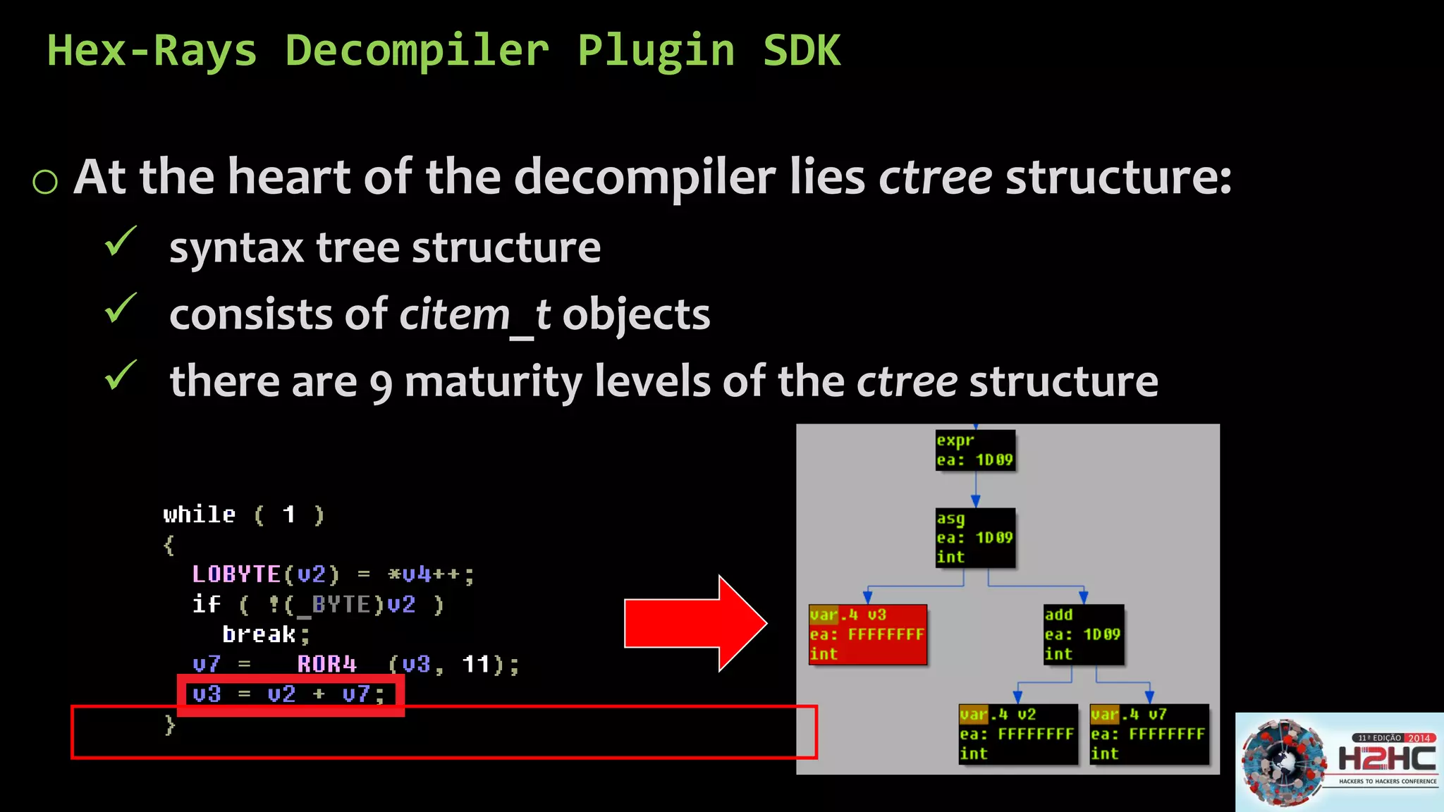 Hex-Rays DecompilerPlugin SDK 
oAt the heart of the decompilerlies ctreestructure: 
syntax tree structure 
consists of citem_tobjects 
there are 9 maturity levels of the ctreestructure  