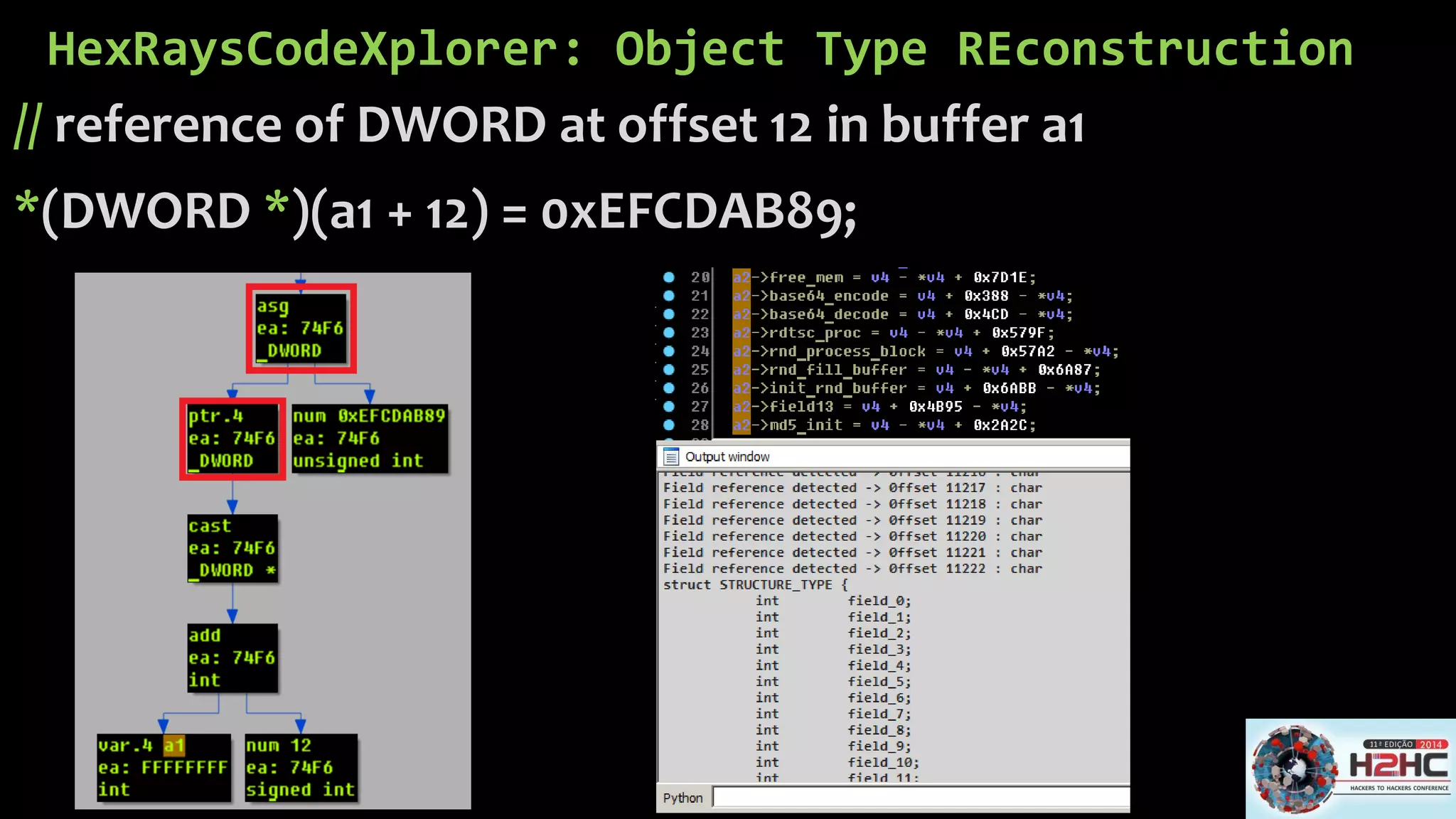 HexRaysCodeXplorer: Object Type REconstruction 
//reference of DWORD at offset 12 in buffer a1 
*(DWORD *)(a1 + 12) = 0xEFCDAB89;  