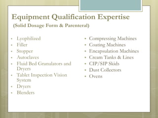 Equipment Qualification Expertise
    (Solid Dosage Form & Parenteral)

    Lyophilized                    Compressing Machines
    Filler                         Coating Machines
    Stopper                        Encapsulation Machines
    Autoclaves                     Cream Tanks & Lines
    Fluid Bed Granulators and      CIP/SIP Skids
     Dryers                         Dust Collectors
    Tablet Inspection Vision       Ovens
     System
    Dryers
    Blenders
 