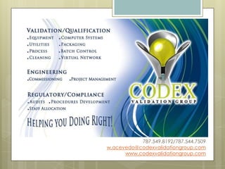 787.549.8192/787.544.7509
w.acevedo@codexvalidationgroup.com
      www.codexvalidationgroup.com
 