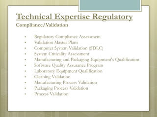 Technical Expertise Regulatory
Compliance/Validation

      Regulatory Compliance Assessment
      Validation Master Plans
      Computer System Validation (SDLC)
      System Criticality Assessment
      Manufacturing and Packaging Equipment's Qualification
      Software Quality Assurance Program
      Laboratory Equipment Qualification
      Cleaning Validation
      Manufacturing Process Validation
      Packaging Process Validation
      Process Validation
 